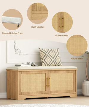 Rattan Shoe Storage Bench with Cushion & Adjustable Shelf