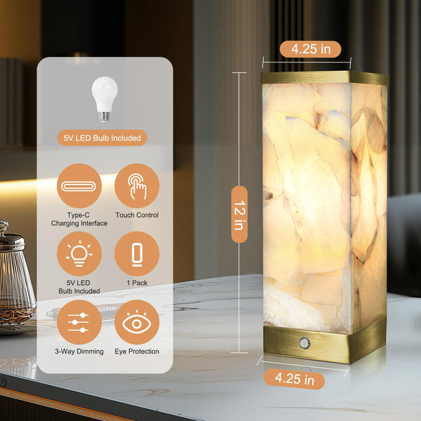 Cordless Alabaster Table Lamp with Rechargeable Battery