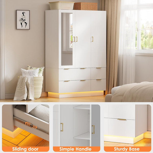 3-Door Wardrobe Armoire with Mirror, LED Lights & Drawers