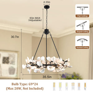 28-Light Ceramic Ginkgo Leaf Branch Chandelier – 35.5" Round Modern Pendant Light