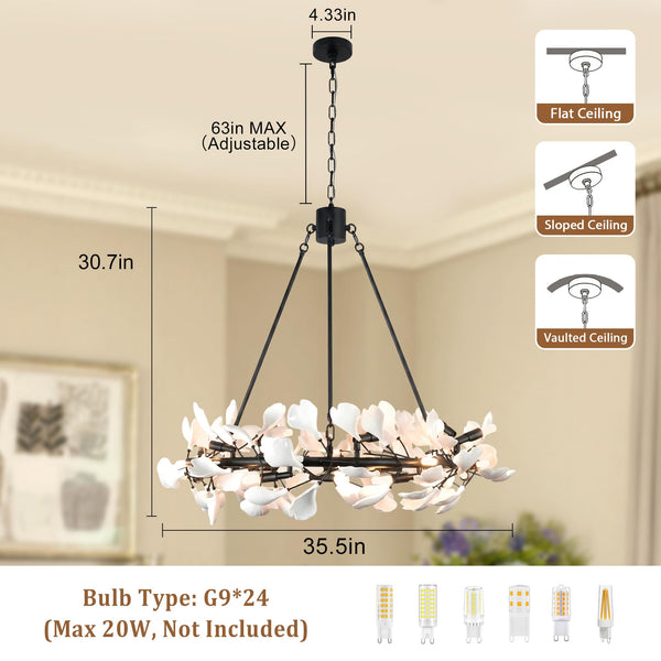 28-Light Ceramic Ginkgo Leaf Branch Chandelier – 35.5" Round Modern Pendant Light
