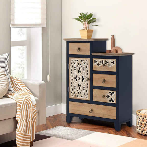 Carved Wood Accent Cabinet with 5 Drawers