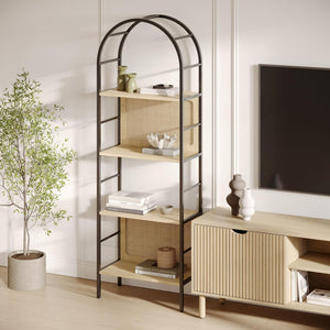 4-Tier Arched Bookshelf with Rattan Backing