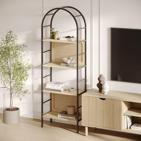 4-Tier Arched Bookshelf with Rattan Backing