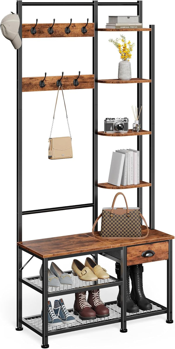 4-in-1 Entryway Hall Tree with Bench, Coat Rack & Shoe Storage