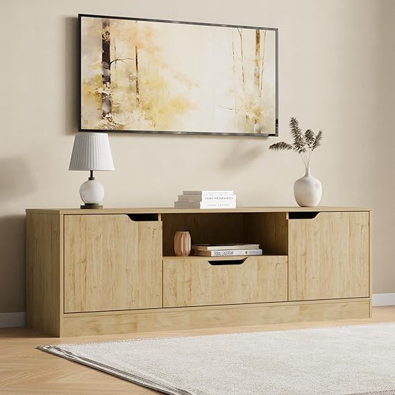 Housoul TV Stand for 55/60/65 Inch TV, Entertainment Center with 2 Doors & Drawer, Media TV Console Table with Storage Cabinet for Living Room, Bedroom, Black