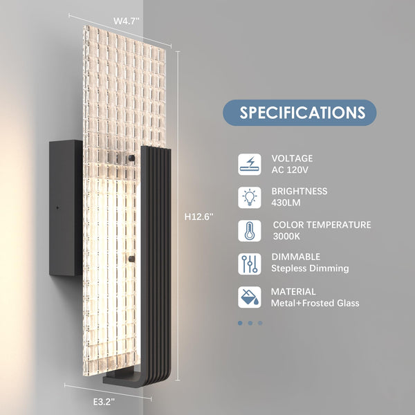Modern Dimmable LED Wall Sconce Set of 2 – Frosted Glass, Black, 12W, 3000K