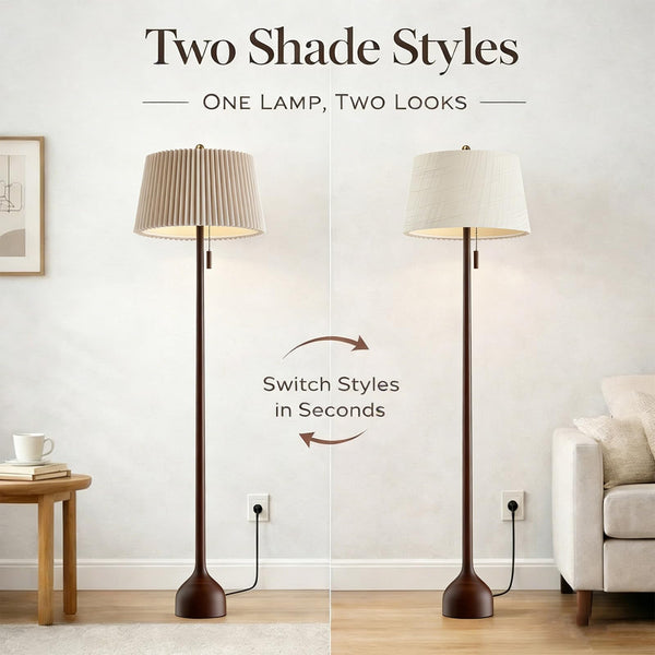 65" Mid-Century Modern Wood Floor Lamp with 2 Shades
