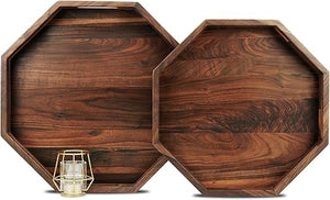 Walnut Wood Serving Tray Set of 2 with Handles