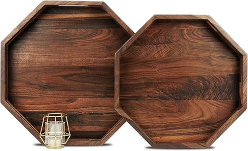 Walnut Wood Serving Tray Set of 2 with Handles