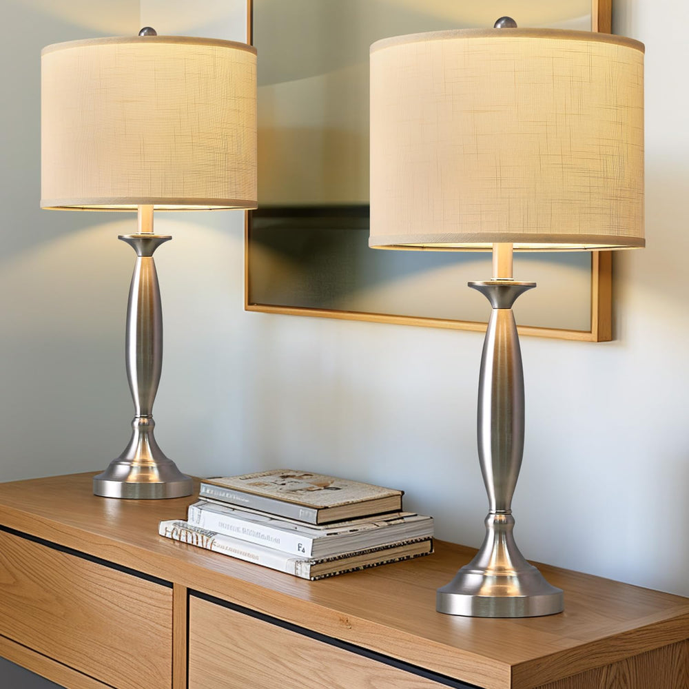 Modern Table Lamps Set of 2 with USB A+C Charging Ports – Brushed Steel Bedside Lamps with Fabric Drum Shade