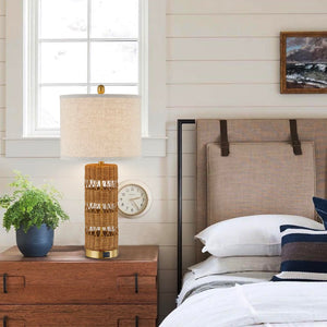 Rattan Table Lamp Set of 2 with USB Charging Ports – 28" Rustic Bedside Lamp
