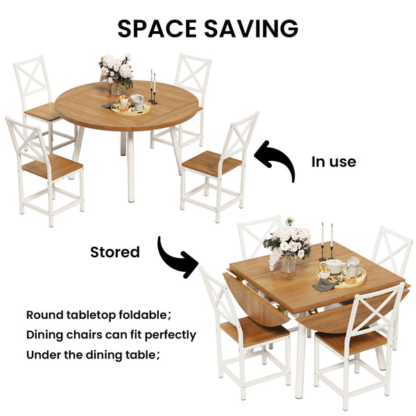 Drop-Leaf Round Dining Table Set for 4 with Chairs