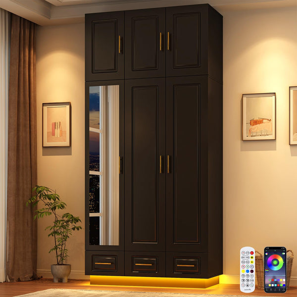 Large Armoire Wardrobe Closet with LED Lights & Drawers