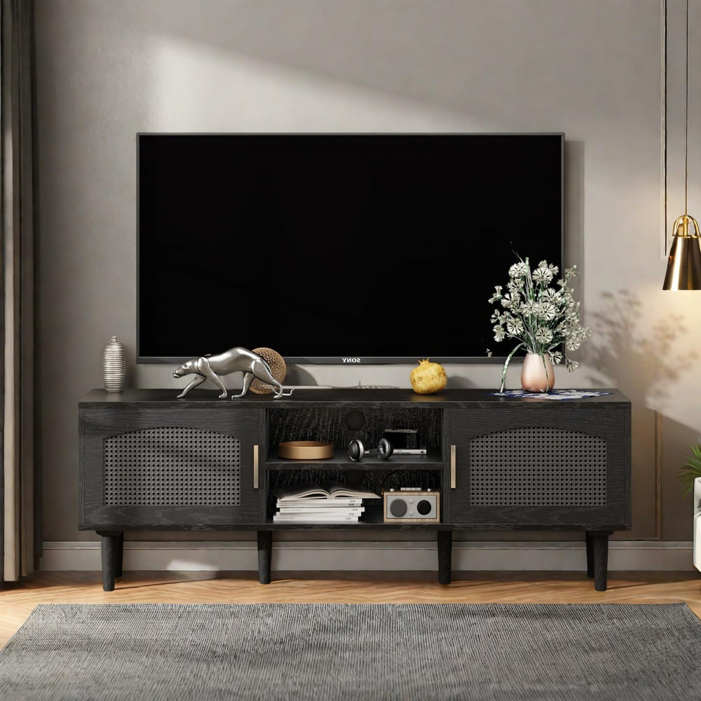 Fluted TV Stand with Rattan Doors, Wood Legs & Gold Handles