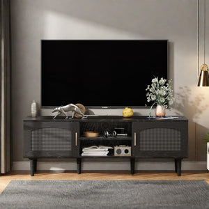 Fluted TV Stand with Rattan Doors, Wood Legs & Gold Handles