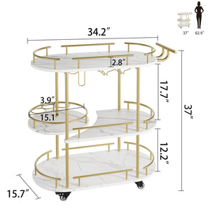 3-Tier Gold Bar Cart with Wine Rack & Glass Holder