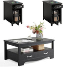 3-Piece Farmhouse Living Room Table Set with Charging Station