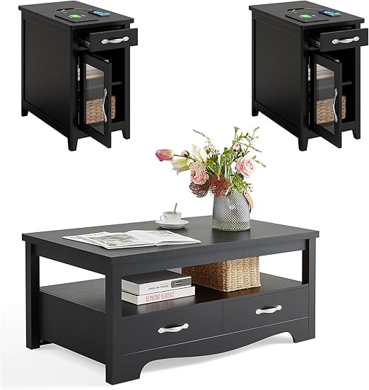 3-Piece Farmhouse Living Room Table Set with Charging Station