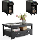 3-Piece Farmhouse Coffee Table & End Table Set with Charging Station