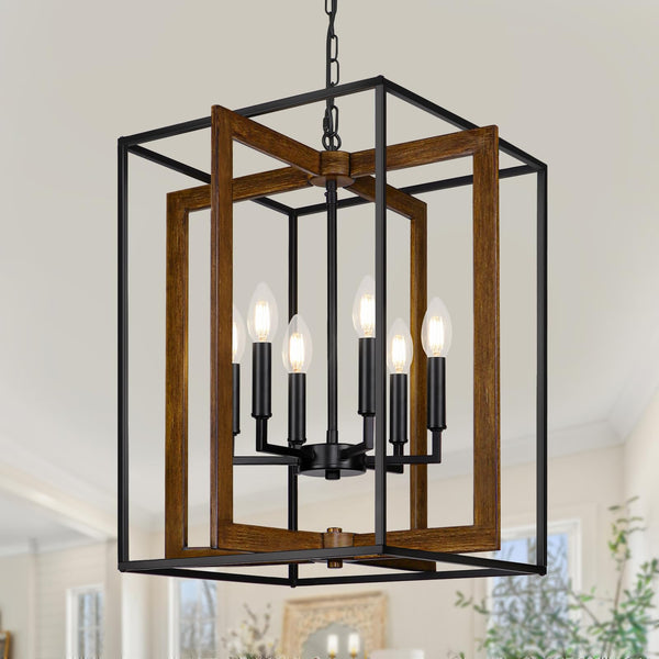 6-Light Rustic Farmhouse Chandelier with Faux Wood & Metal Frame