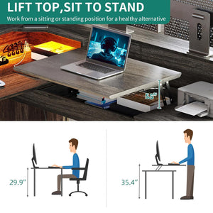L-Shaped Computer Desk with Power Outlets, LED Lights & Lift Top – 60" Corner Desk with Drawers, Monitor Stand & File Cabinet