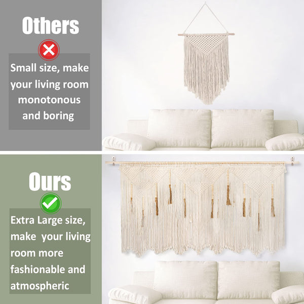 Extra Large Macrame Wall Hanging – Boho Tapestry with Rod, 70.8" × 39"