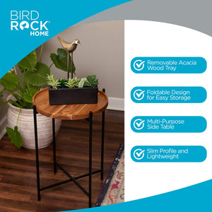 Folding Side Table with Removable Acacia Wood Tray