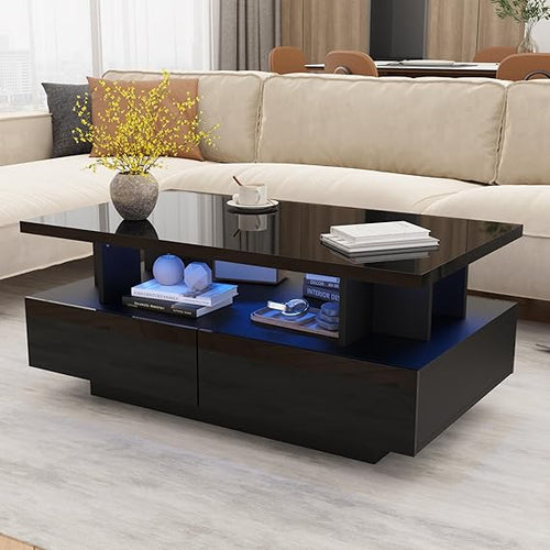 LED Coffee Table with 4 Drawers & High-Gloss Finish