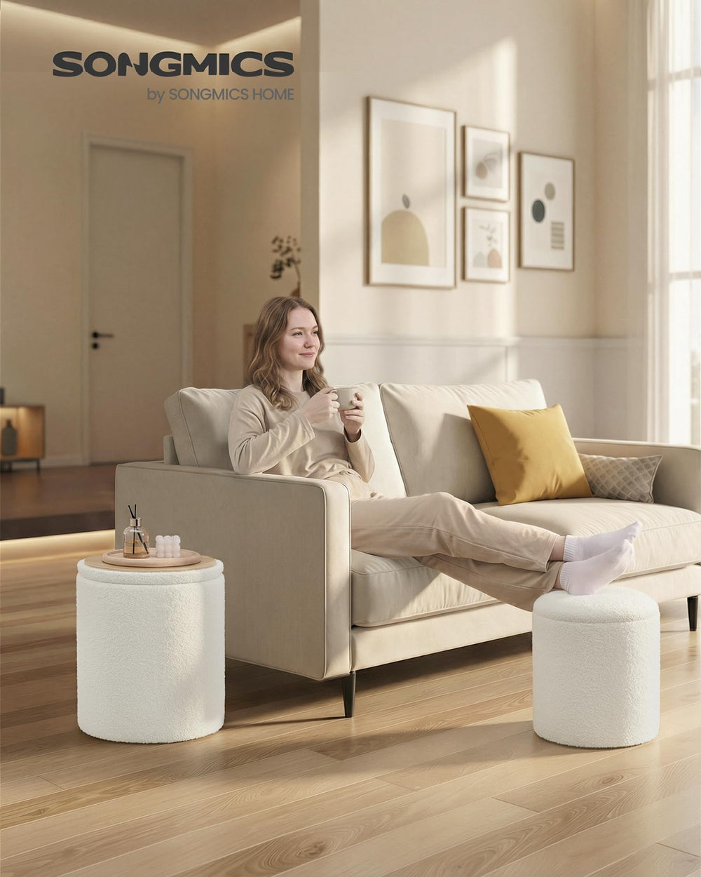 Round Storage Ottoman Set of 2 with Removable Lid