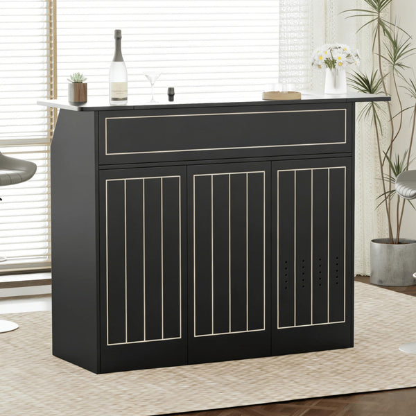 Home Bar Cabinet with Mini Fridge Space, Power Outlet & Wine Glass Holder