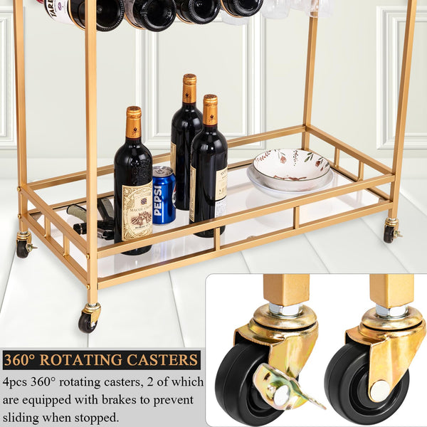 Gold 2-Tier Bar Cart with Wheels