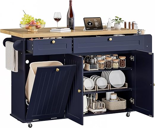 Kitchen Island with Power Outlet & Drop Leaf
