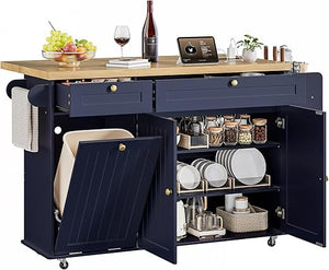 Kitchen Island Cart with Drop Leaf & Power Outlet