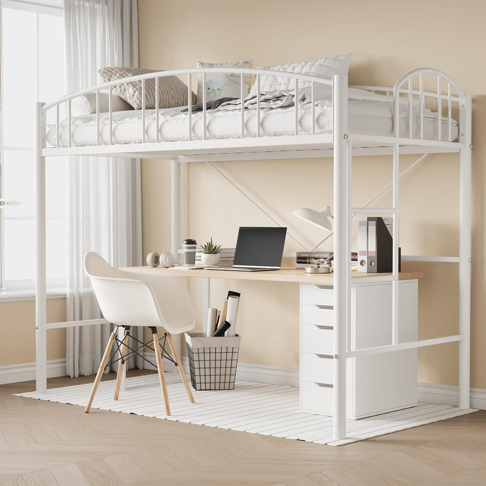 Twin Size Metal Loft Bed with Staircase & Arched Guardrail