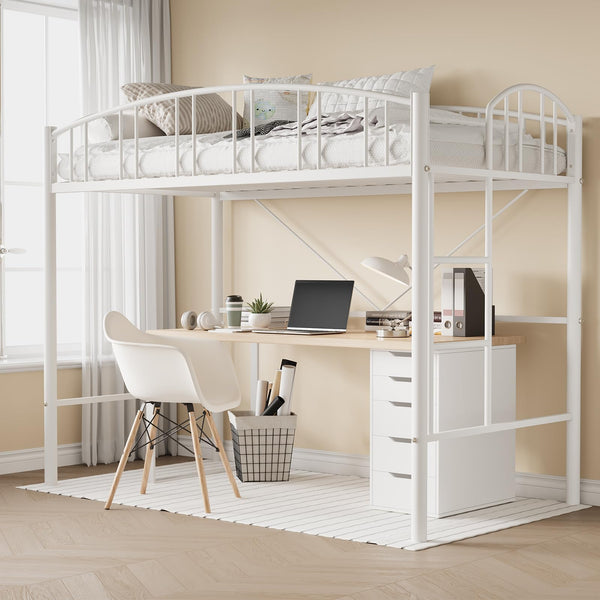 Twin Size Metal Loft Bed with Staircase & Arched Guardrail