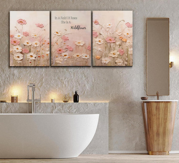 Pink Wildflower Canvas Wall Art Set of 3