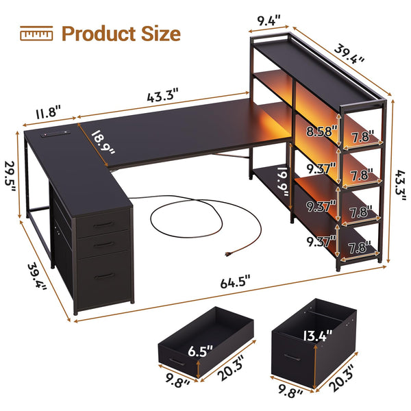 L-Shaped Gaming Desk with Power Outlet, LED Lights & Storage Shelves