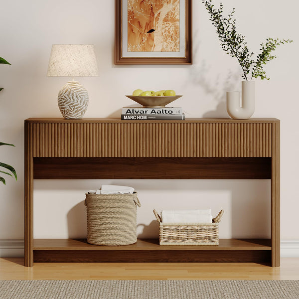 Fluted Console Table with 3 Drawers and Open Shelf