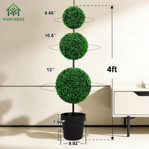 Triple Ball Topiary Tree Set of 2 with Planter – 4 ft Artificial Indoor Outdoor Plant