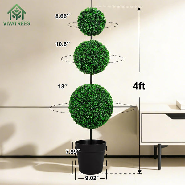 Triple Ball Topiary Tree Set of 2 with Planter – 4 ft Artificial Indoor Outdoor Plant