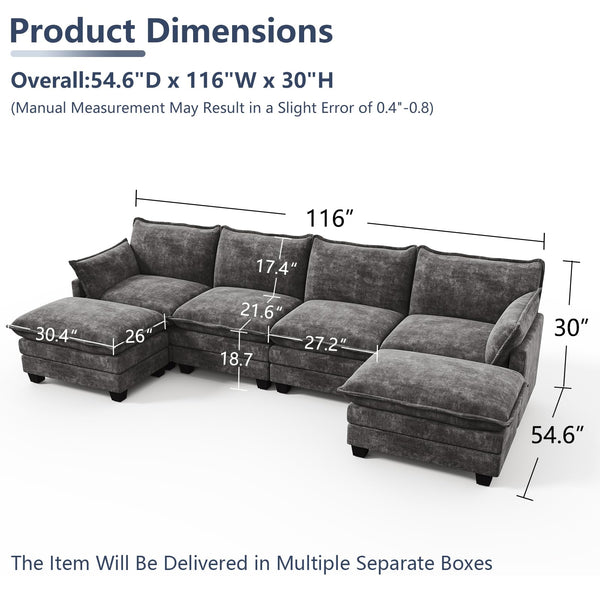 U-Shaped Modular Sectional Sofa with Movable Ottoman — Chenille Cloud Couch