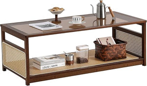 Rattan Glass Coffee Table with Storage Shelf