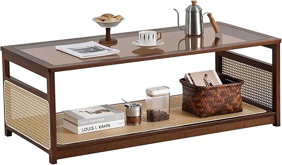 Rattan Glass Coffee Table with Storage Shelf