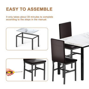 Dining Table Set for 4 with Faux Marble Top & Leather Chairs