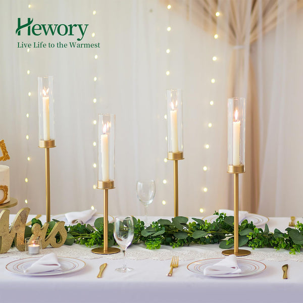 Gold Hurricane Candlestick Holders Set with Glass Candle Cover