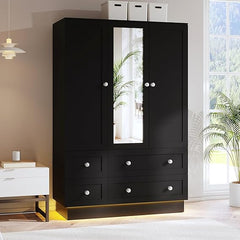 LED Wardrobe Closet with Mirror, 4 Drawers & Hanging Rod
