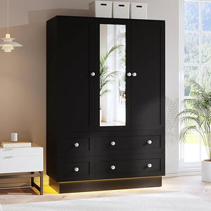 LED Wardrobe Closet with Mirror, 4 Drawers & Hanging Rod
