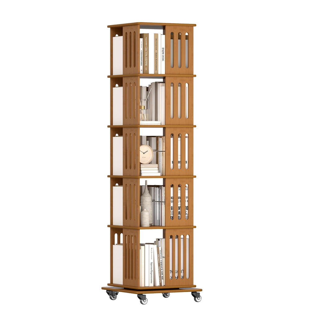 Bamboo Rotating Bookshelf Tower with Wheels
