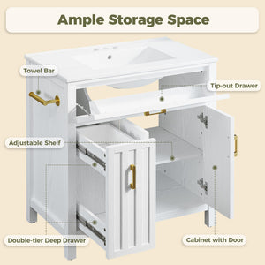 30" Bathroom Vanity with Ceramic Sink, Soft-Close Drawers & Towel Bar – White